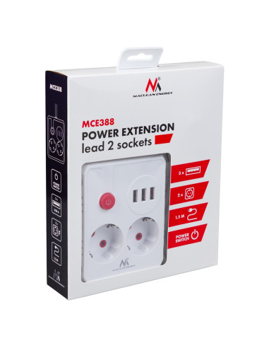 Maclean Listwa Zasilająca, Przedłużacz 2 Gniazda + 3Xusb, 110-240V Ac 50/60Hz, 2.1A Max 2500W, 1.5M, Biała Mce387 W