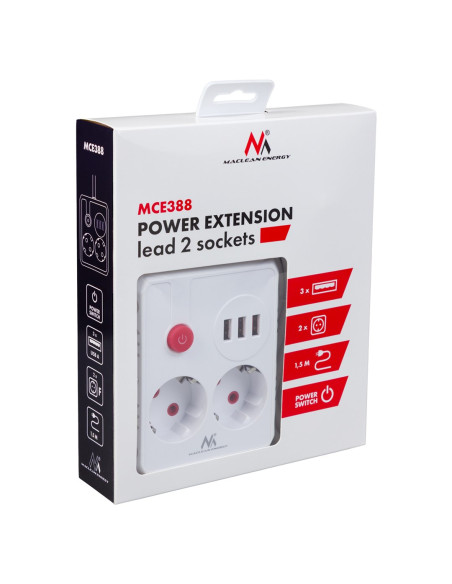 Maclean Listwa Zasilająca, Przedłużacz 2 Gniazda + 3Xusb, 110-240V Ac 50/60Hz, 2.1A Max 2500W, 1.5M, Biała Mce387 W