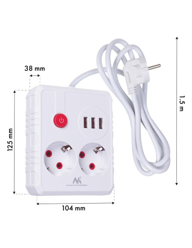 Maclean Listwa Zasilająca, Przedłużacz 2 Gniazda + 3Xusb, 110-240V Ac 50/60Hz, 2.1A Max 2500W, 1.5M, Biała Mce387 W