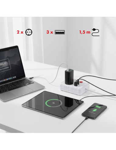 Maclean Listwa Zasilająca, Przedłużacz 2 Gniazda + 3Xusb, 110-240V Ac 50/60Hz, 2.1A Max 2500W, 1.5M, Biała Mce387 W