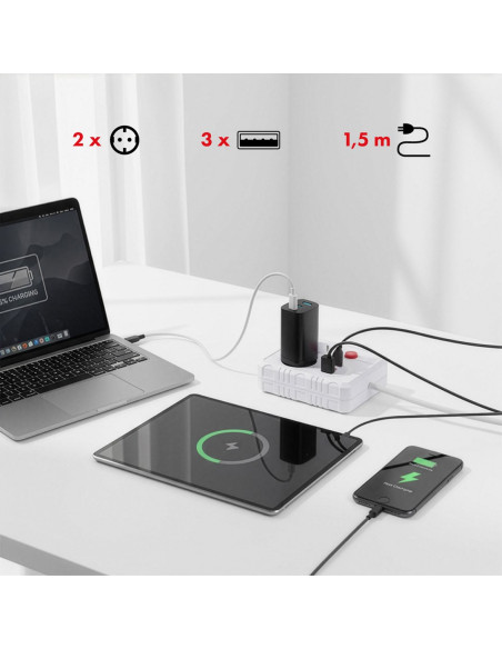 Maclean Listwa Zasilająca, Przedłużacz 2 Gniazda + 3Xusb, 110-240V Ac 50/60Hz, 2.1A Max 2500W, 1.5M, Biała Mce387 W