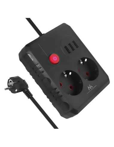 Maclean Listwa Zasilająca, Przedłużacz 2 Gniazda + 3Xusb, 110-240V Ac 50/60Hz, 2.1A Max 2500W, 1.5M, Czarna Mce387 B