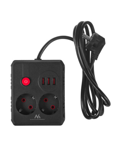 Maclean Listwa Zasilająca, Przedłużacz 2 Gniazda + 3Xusb, 110-240V Ac 50/60Hz, 2.1A Max 2500W, 1.5M, Czarna Mce387 B