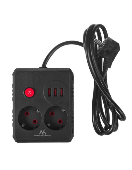 Maclean Listwa Zasilająca, Przedłużacz 2 Gniazda + 3Xusb, 110-240V Ac 50/60Hz, 2.1A Max 2500W, 1.5M, Czarna Mce387 B