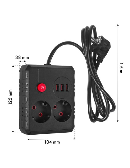 Maclean Listwa Zasilająca, Przedłużacz 2 Gniazda + 3Xusb, 110-240V Ac 50/60Hz, 2.1A Max 2500W, 1.5M, Czarna Mce387 B