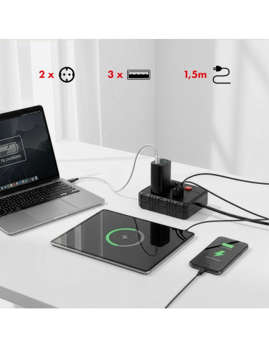 Maclean Listwa Zasilająca, Przedłużacz 2 Gniazda + 3Xusb, 110-240V Ac 50/60Hz, 2.1A Max 2500W, 1.5M, Czarna Mce387 B