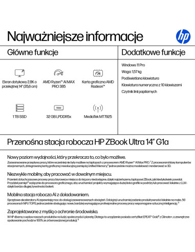 Hp Zbook Ultra 14 G1A Ryzen Ai Max Pro 390 14.0" 2.8K Touch Oled Ips 400Nits Bv Lbl 32Gb Lpddr5X-8533 Ssd1Tb Radeon 8050S Cam Ir