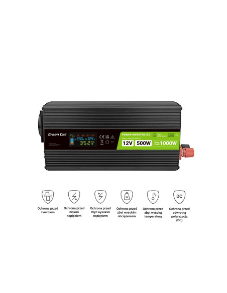 Green Cell Przetwornica Lcd 12V/230V 500W/1000W Czysty Sinus Invgc12P500Lcd