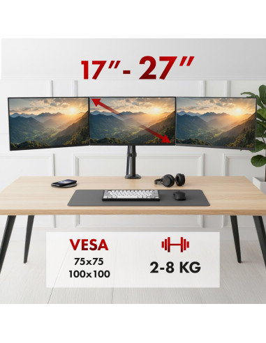 Maclean Uchwyt Na 3 Monitory, Sprężyna Gazowa, 17"-27", 2-8Kg, Czarny Mc-137