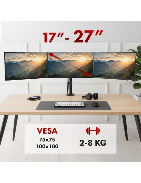 Maclean Uchwyt Na 3 Monitory, Sprężyna Gazowa, 17"-27", 2-8Kg, Czarny Mc-137