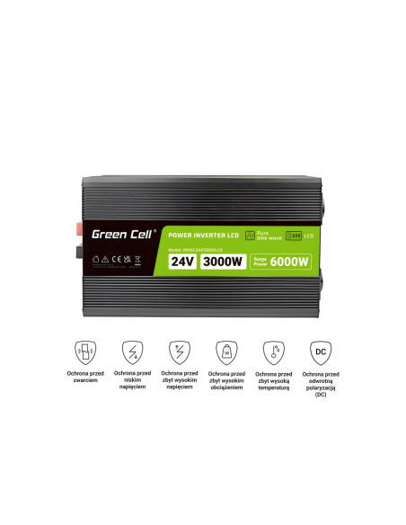 Green Cell Przetwornica Lcd 24V/230V 3000W/6000W Czysty Sinus Invgc24P3000Lcd