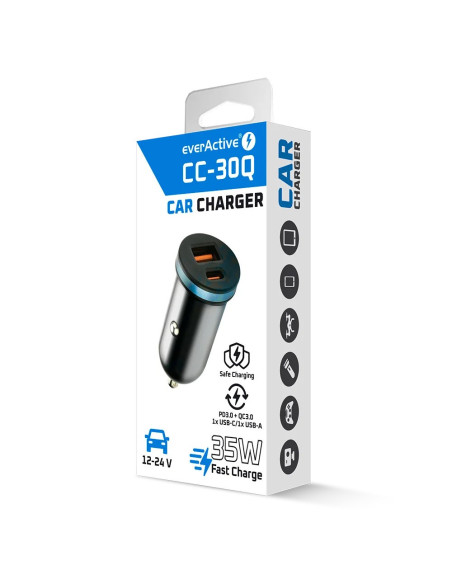 Everactive Ładowarka Samochodowa 1X Usb + 1X Usb-C 35W Qc 3.0 Pd Czarna Cc-30Q