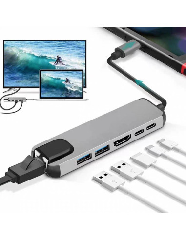 Gembird Multi Adapter Usb Type-C 5W1 (Usb Af And Type-C Hub + Hdmi + Pd+Lan) Szary
