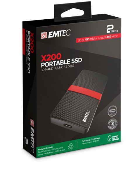 Dysk Emtec X200 - 2 Tb - Usb Type-C - 3.2 Gen 1 (3.1 Gen 1) - 450 Mb/S - 5 Gbps
