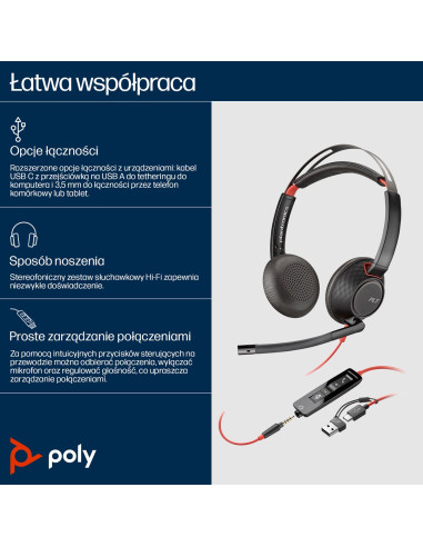 Poly Blackwire 5220 Stereo Usb-C Headset +3.5Mm Plug +Usb-C/A Adapter 8X231Aa