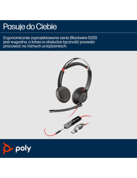 Poly Blackwire 5220 Stereo Usb-C Headset +3.5Mm Plug +Usb-C/A Adapter 8X231Aa