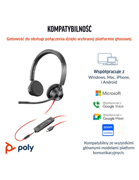 Poly Blackwire 3325 Stereo Ms Teams Certified Usb-C Headset +3.5Mm Plug +Usb-C/A Adapter 8X222Aa