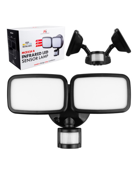 Maclean Ścienna Lampa Led, Z Czujnikiem Pir, 20W, 1500Lm, Ip65, Neutral White 4000K, Czarna Mce524 B