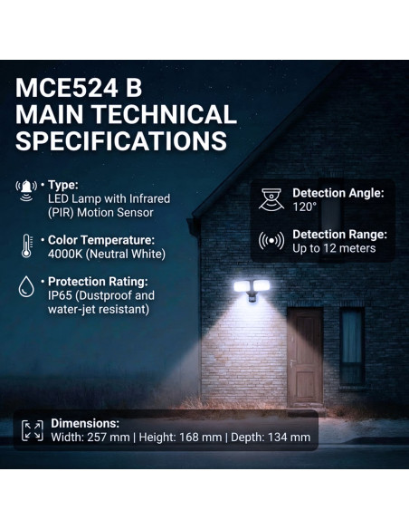 Maclean Ścienna Lampa Led, Z Czujnikiem Pir, 20W, 1500Lm, Ip65, Neutral White 4000K, Czarna Mce524 B