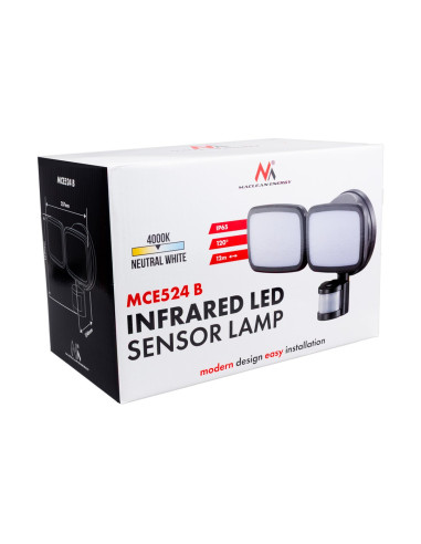 Maclean Ścienna Lampa Led, Z Czujnikiem Pir, 20W, 1500Lm, Ip65, Neutral White 4000K, Czarna Mce524 B