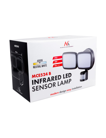 Maclean Ścienna Lampa Led, Z Czujnikiem Pir, 20W, 1500Lm, Ip65, Neutral White 4000K, Czarna Mce524 B