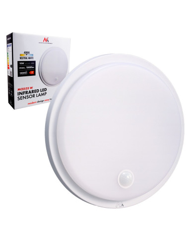 Maclean Lampa Led Z Czujnikiem Ruchu, Czujnik Pir, Kolor Biały, 10W, Ip65, 1000Lm, Barwa Neutralna Mce525 W