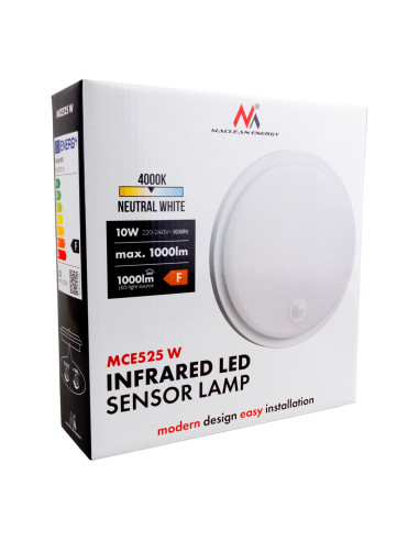 Maclean Lampa Led Z Czujnikiem Ruchu, Czujnik Pir, Kolor Biały, 10W, Ip65, 1000Lm, Barwa Neutralna Mce525 W