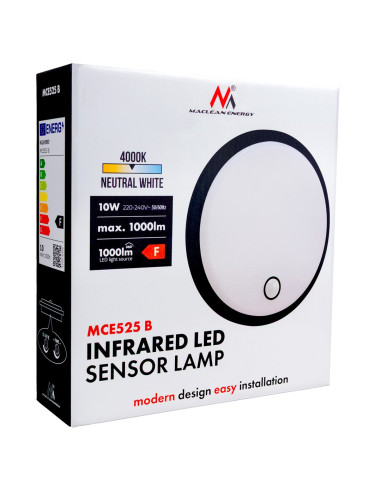 Maclean Lampa Led Z Czujnikiem Ruchu, Czujnik Pir, Kolor Czarny, 10W, Ip65, 1000Lm, Barwa Neutralna Mce525 B