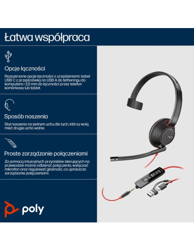 Poly Blackwire 5210 Monaural Usb-C Headset +3.5Mm Plug +Usb-C/A Adapter (Bulk)