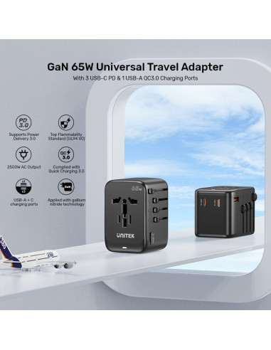 Uniwersalna Ładowarka Podróżna - Unitek 65W Universal Travel Adapter (P1122Abk01) | 1Xusb-A 3Xusb-C 1Xac