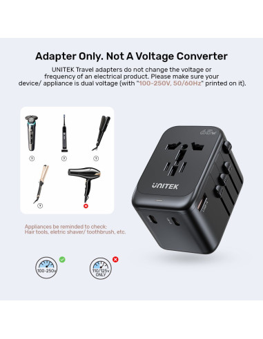 Uniwersalna Ładowarka Podróżna - Unitek 65W Universal Travel Adapter (P1122Abk01) | 1Xusb-A 3Xusb-C 1Xac