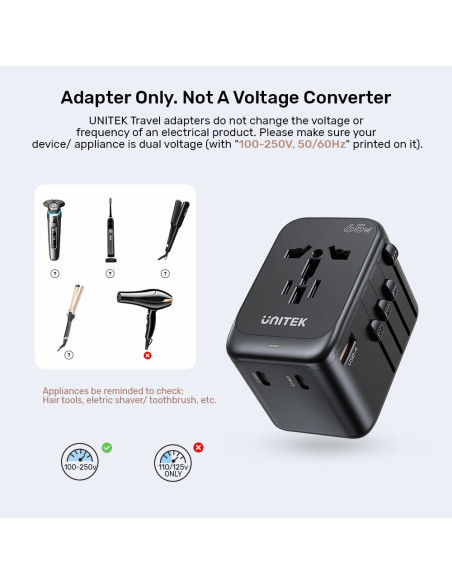 Uniwersalna Ładowarka Podróżna - Unitek 65W Universal Travel Adapter (P1122Abk01) | 1Xusb-A 3Xusb-C 1Xac