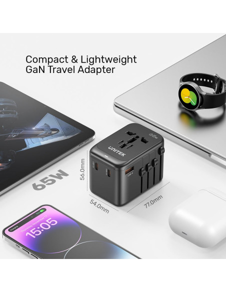 Uniwersalna Ładowarka Podróżna - Unitek 65W Universal Travel Adapter (P1122Abk01) | 1Xusb-A 3Xusb-C 1Xac