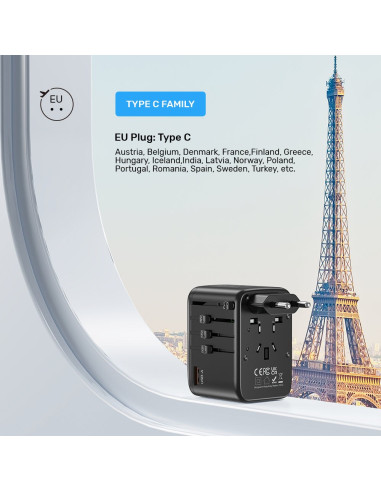 Uniwersalna Ładowarka Podróżna - Unitek 65W Universal Travel Adapter (P1122Abk01) | 1Xusb-A 3Xusb-C 1Xac