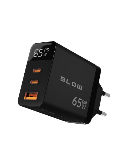 Blow Ładowarka Sieciowa Lcd Gniazdo Usb + Usb-Cx2 Pd 65W Gan Czarna Watomierz