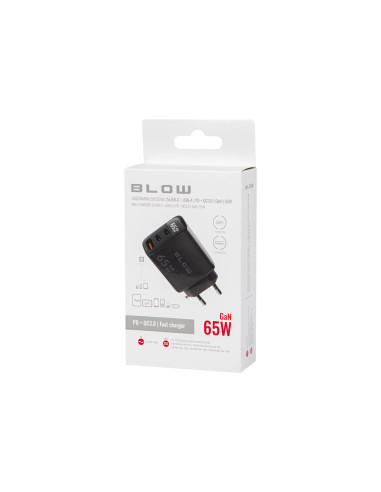 Blow Ładowarka Sieciowa Lcd Gniazdo Usb + Usb-Cx2 Pd 65W Gan Czarna Watomierz
