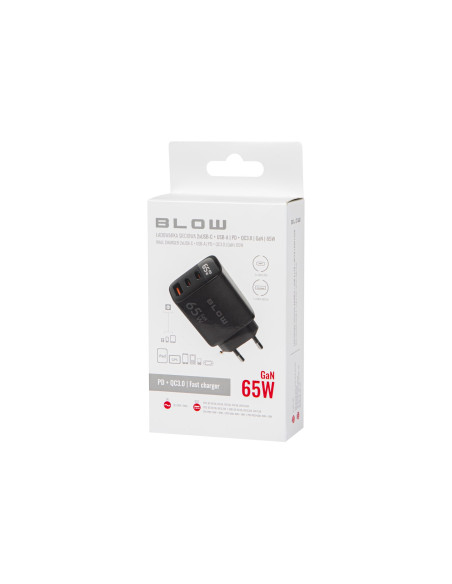 Blow Ładowarka Sieciowa Lcd Gniazdo Usb + Usb-Cx2 Pd 65W Gan Czarna Watomierz