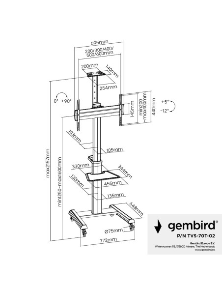 Gembird Tvs-70T-02 Aluminiowy Stojak Pod Telewizor Mobilny Z Kółkami, 37" - 70", Czarny