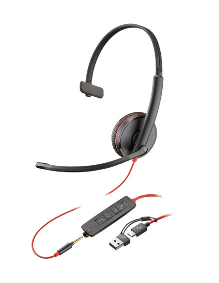 Poly Jednouszny Zestaw Słuchawkowy Usb-C Blackwire 3215 + Wtyczka 3,5 Mm + Przejściówka Usb-C/A (Opakowanie Zbiorcze)