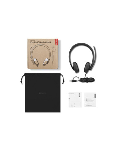 Przewodowy Zestaw Słuchawkowy Voip Lenovo 5000 Z Mikrofonem, Usb A/C, Czarny