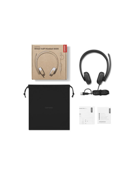 Przewodowy Zestaw Słuchawkowy Voip Lenovo 5000 Z Mikrofonem, Usb A/C, Czarny