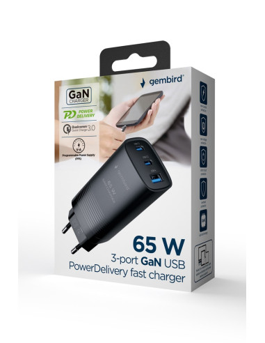 Gembird Szybka Ładowarka Usb Power Delivery Usb Typu C, 3X Usb, 65 W, Gan Czarna