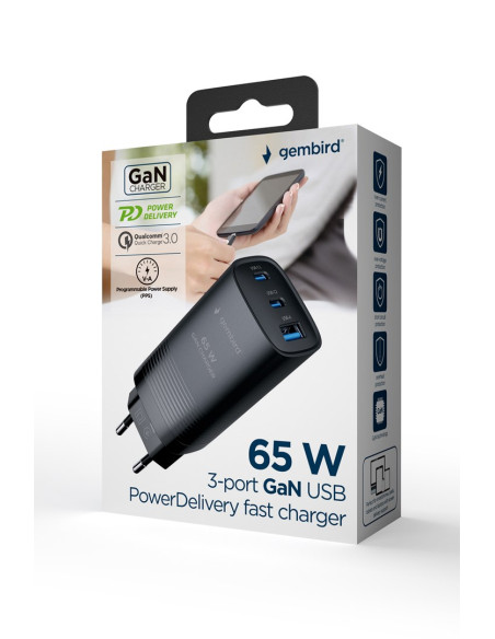 Gembird Szybka Ładowarka Usb Power Delivery Usb Typu C, 3X Usb, 65 W, Gan Czarna