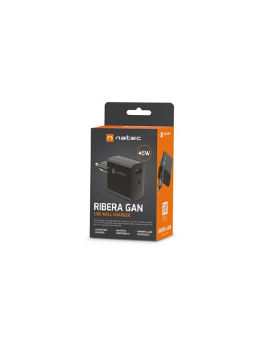 Natec Ładowarka Ribera Gan 1X Usb-A + 1X Usb-C 45W Czarna Nuc-2143