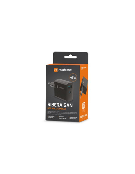 Natec Ładowarka Ribera Gan 1X Usb-A + 1X Usb-C 45W Czarna Nuc-2143