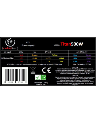 Rebeltec Zasilacz Atx Ver.2.31 Box+Kabel Titan 500