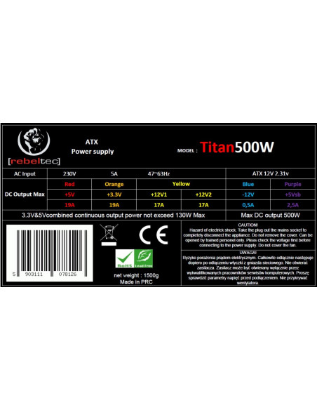 Rebeltec Zasilacz Atx Ver.2.31 Box+Kabel Titan 500