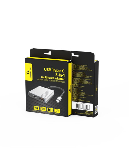 Gembird Multi Adapter Usb Typu C 3 W 1 (Port Usb + Hdmi + Wideo Usb-C), Kolor Szary