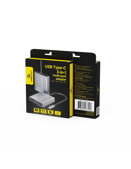 Gembird Multi Adapter Usb Type-C 3 W 1 (Port Usb + Hdmi + Pd), Kolor Szary