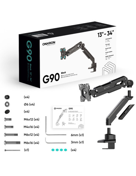Onkron G90-B Uchwyt Biurkowy Obrotowo-Nachylny Do Monitora 13"-34" Maks 10 Kg, Z Obracaniem, Czarny